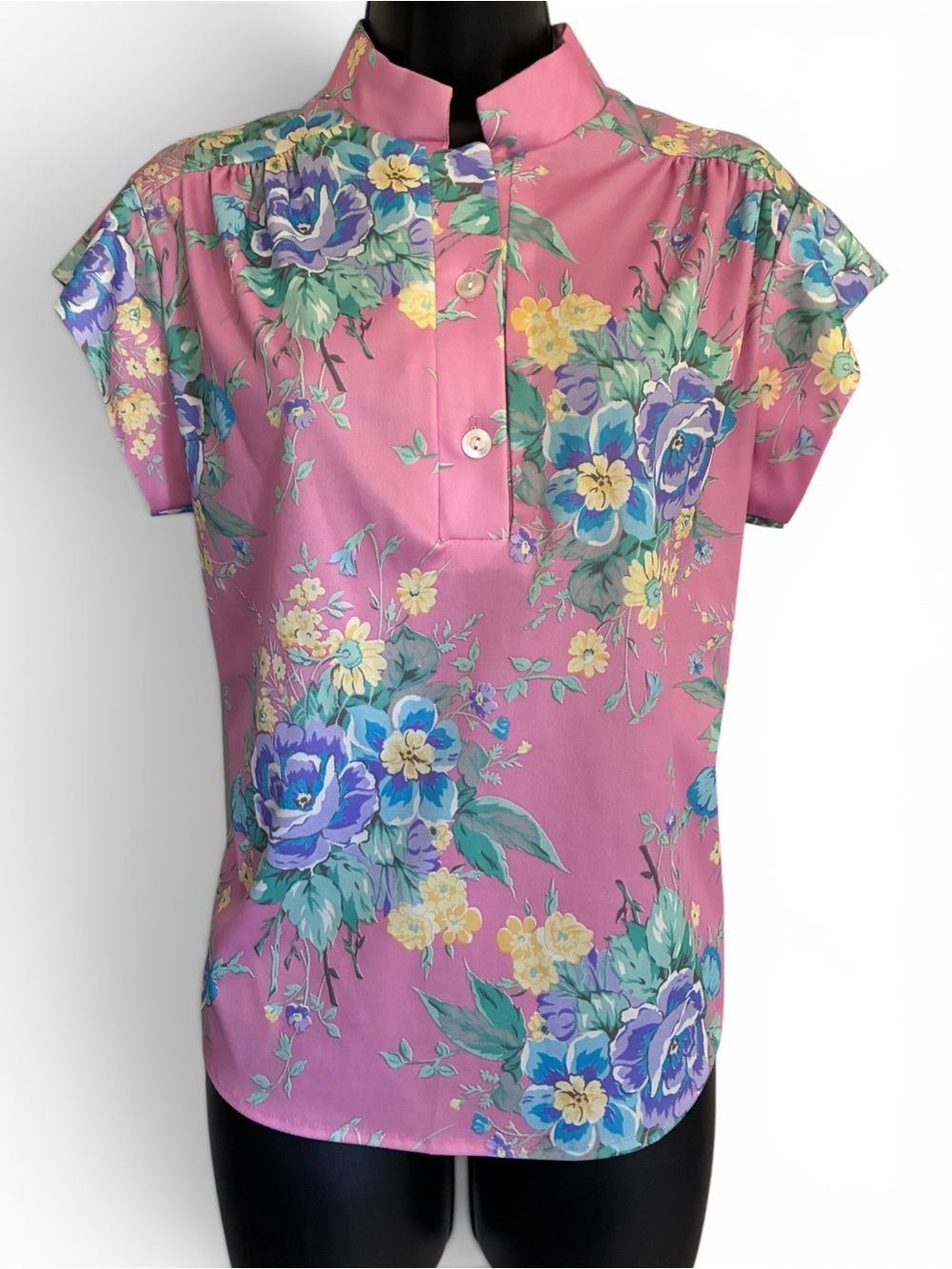 Vintage 80s Grandmacore Pink Floral Cap-Sleeve Mandarin Collar Blouse Size XL